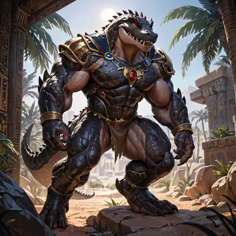 solo, male, humanoid, ultra details, Alligator, ultra detailed muscles, black scales, white belly, bodybuilder, black claws, muscular, ultra detailed slit eyes, red color iris, ultra detailed teeth, pecs, hind legs, tail, Masterpiece, ultra hi-res, 8k, fro...