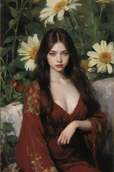 (oil painting:1.5),
\\
a woman with (red long curtly hair ), ((green eyes)) ain a field of  flowers, (amy sol:0.248), nude , with red dress,  (stanley artgerm lau:0.106), (a detailed painting:0.353), (gothic art:0.106)