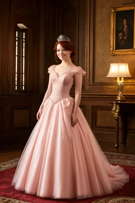 Imagine Emma Stone as a fairy tale princess, dressed in a stunning blush pink gown adorned with sparkling embellishments. Her voluminous, ruffled tulle skirt flows elegantly, and she wears a delicate silver tiara that enhances her regal aura. Set against a...