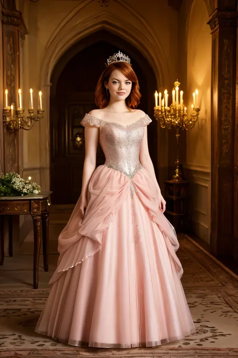 Imagine Emma Stone as a fairy tale princess, dressed in a stunning blush pink gown adorned with sparkling embellishments. Her voluminous, ruffled tulle skirt flows elegantly, and she wears a delicate silver tiara that enhances her regal aura. Set against a...