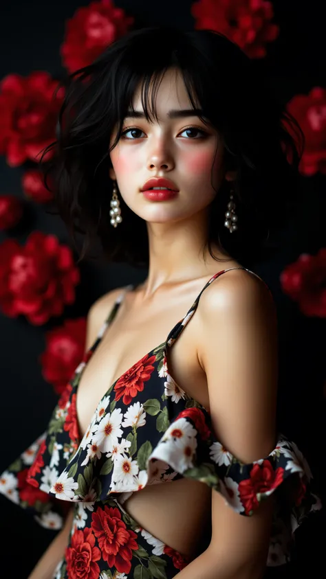 8k, masterpiece, highest quality, elegant Asian woman, short wavy black hair, red lipstick, floral dress, spaghetti straps, black background with red flowers, studio lighting, fashion photography, soft focus, high contrast, vibrant colors, detailed skin te...