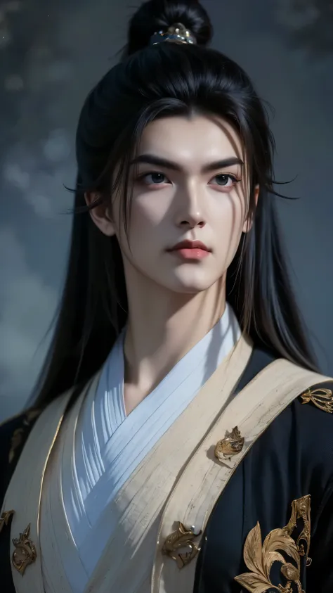 A beautiful portrait of Vuong Lam, exuding a cold, majestic demeanor mixed with a hint of loneliness. His deep, dark blue eyes reflect resilience, experience and an inscrutable inner world, representing a man whose life has been shaped by countless challen...