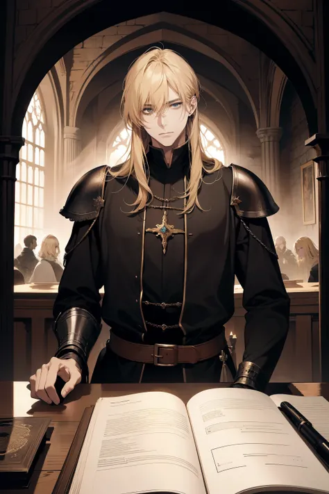 1 man, adult, blond hair with bangs, Principle,  black clothes, beautiful, Calm, beautiful, Condescending,  thin body, in a castle,  MEDIEVAL FANTASY 