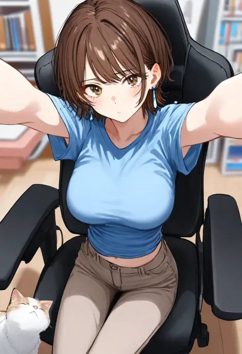 aruhshura  ,  top quality,  masterpiece, aosiai123  ,  1 girl,  Watch viewers,  big breasts, ,  brown hair,  blue shirt,   Brown Pants , 屋内で,  earrings,  short sleeve, Cat,  side lock,  sitting,   jewelry, flabby lips , midriff peek,  computer ,  brown eye...