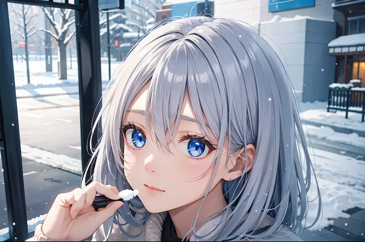  face,  Silver Hair,  blue eyes,  Illumination Date,Around town、snow