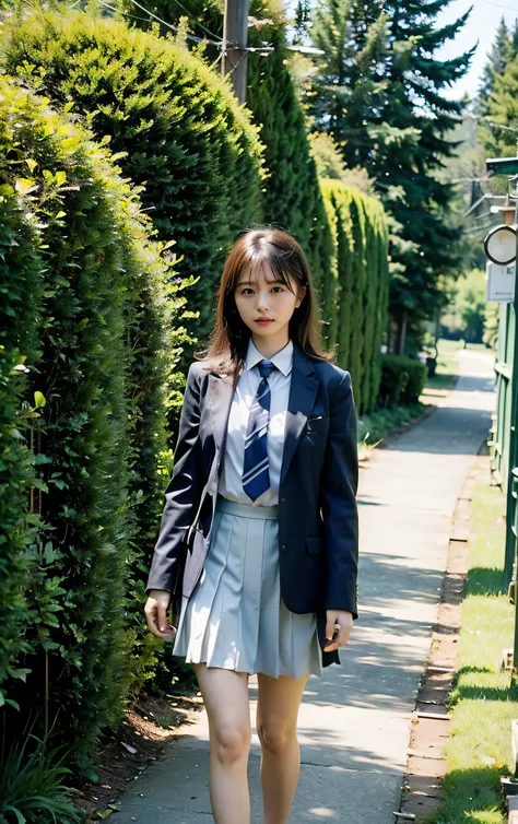 ​masterpiece、  high definition 、 high detail on the face、  full body lesbian、 summer uniform 、 blue tie、  blue skirt from crotch 、  Beautiful Single Girl ,  high school girl、15-year-old student、 Hairstyle with bangs 、 Great Outdoors、Blue Swamp in the Conif...