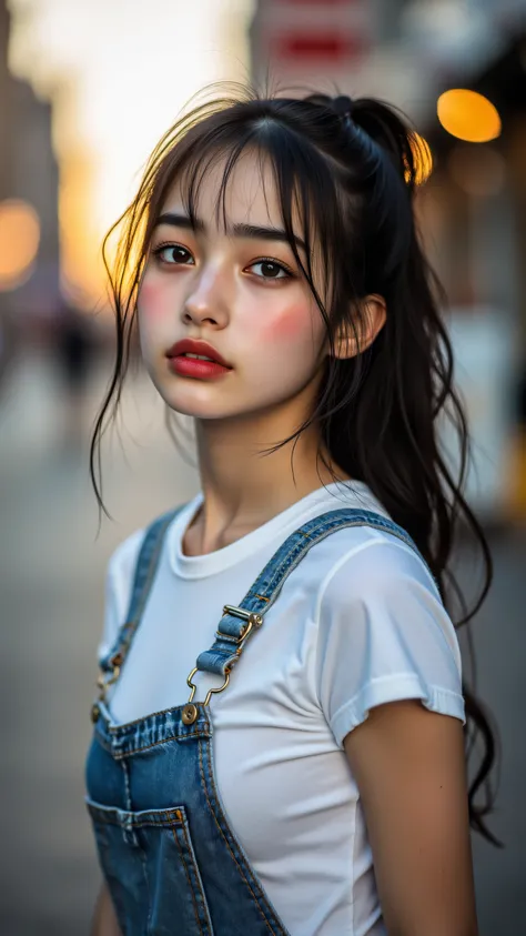 8k, masterpiece, highest quality,Asian woman, long black ponytail, white t-shirt, denim overalls, red lipstick, soft natural makeup, urban street background, bokeh lights, shallow depth of field, portrait photography, fashion shoot, golden hour lighting, h...