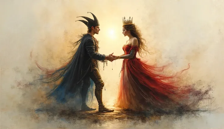 A fantasy-inspired image of a playing card Jack and Queen stepping out of their respective cards, hands meeting in a tender embrace. Their figures glow softly against a shadowy, neutral-toned backdrop. A double exposure blends them with a kingdom painted i...