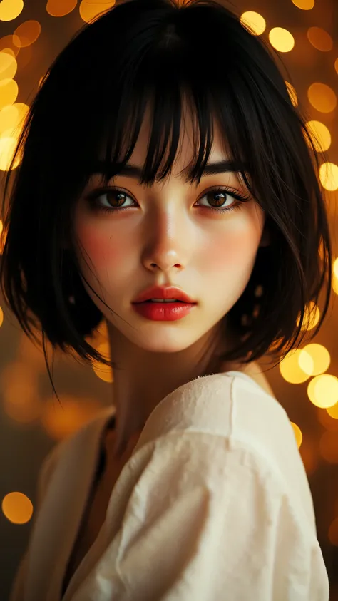 8k, masterpiece, highest quality, Asian woman, short black hair, bangs, red lipstick, white blouse, warm golden bokeh background, soft lighting, ethereal glow, shallow depth of field, intense gaze, cinematic, high-resolution, dramatic contrast, moody atmos...