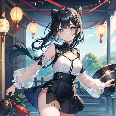  1 girl, Alone,  long hair,  blue eyes,  black hair,  Aqua Eyes,  happy, Narrow eyes, cute,smile. closed her mouth, small boobs,  hair bun,  Double Bang , ,blunt bangs,  object , looking at  lantern, holding  lantern, bend over, white enamel shiny shirt , ...