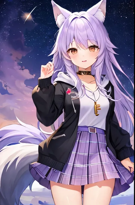 (( top quality)), (( Masterpiece)), ( Details),  lavender-colored hair 、Wolf ears and tail、 brown eyes、 long hair、Vtuber、 cute、 starry sky 、small key necklace、 hoodie、 skirt、 long boots、Big Breasts