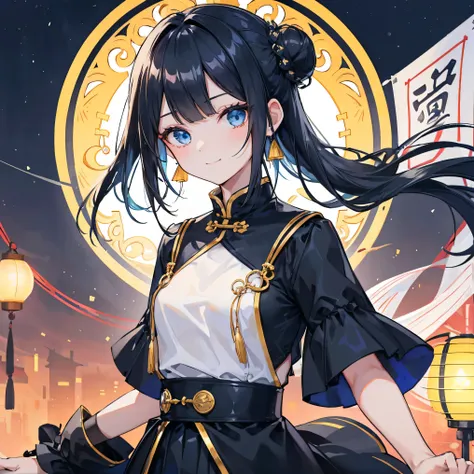  1 girl, Alone,  long hair,  blue eyes,  black hair,  Aqua Eyes,  happy, Narrow eyes, cute,smile. closed her mouth, small boobs,  hair bun,  Double Bang , ,blunt bangs,  object , looking at  lantern, holding  lantern, bend over, white enamel shiny shirt , ...