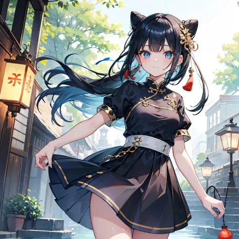  1 girl, Alone,  long hair,  blue eyes,  black hair,  Aqua Eyes,  happy, Narrow eyes, cute,smile. closed her mouth, small boobs,  hair bun,  Double Bang , ,blunt bangs,  object , looking at  lantern, holding  lantern, bend over, white enamel shiny shirt , ...