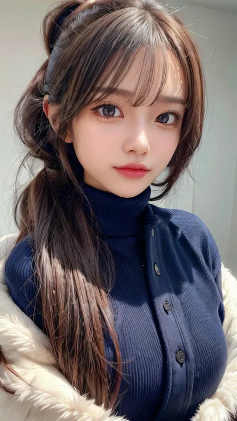 Snowy cityscape,Hair style: ponytail,wearing a deep navy blue winter coat with a fur-lined hood and cuffs. The coat is elegantly tailored, double-breasted with gold buttons, and has a slightly flared silhouette, giving it a stylish yet cozy look. She wears...