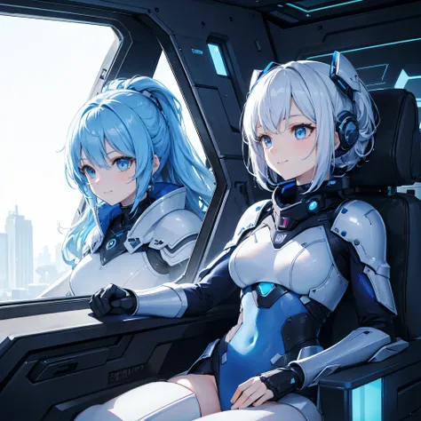 8k,  top quality, (Genuine:1.4),  original photo of ,  in the seat, Asari Hair, smile,female style, cute,Biological Amplifiers, Refined Armor, posture:  Peace Talks between Combating Factions ,  Smart Blue Eyes ,Kneel