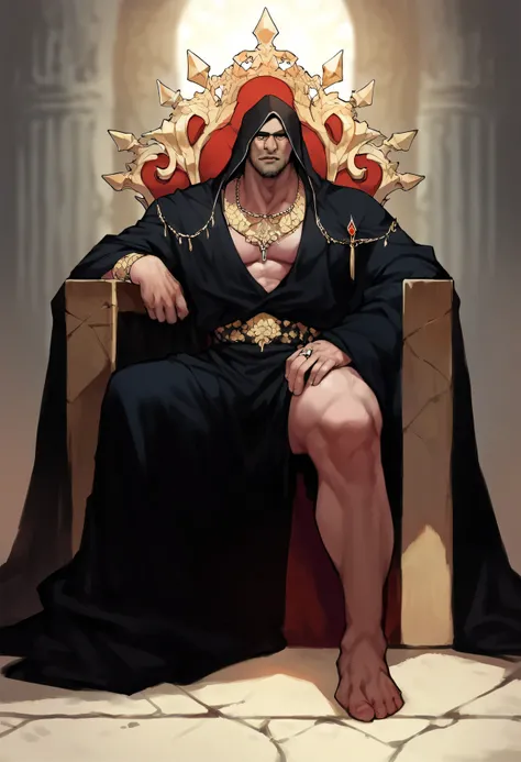 One throne ， A man in a black robe sits on the throne