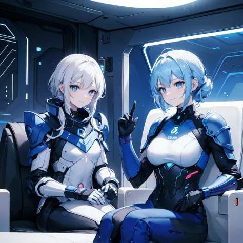 8k,  top quality, (Genuine:1.4),  original photo of ,  in the seat, Asari Hair, smile,female style, cute,Biological Amplifiers, Refined Armor, posture:  Peace Talks between Combating Factions ,  Smart Blue Eyes ,Kneel