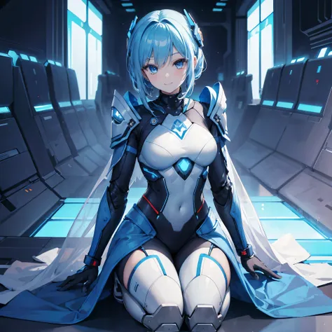 8k,  top quality, (Genuine:1.4),  original photo of ,  in the seat, Asari Hair, smile,female style, cute,Biological Amplifiers, Refined Armor, posture:  Peace Talks between Combating Factions ,  Smart Blue Eyes ,Kneel