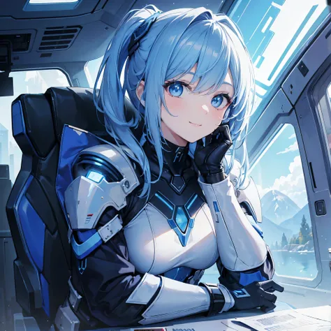 8k,  top quality, (Genuine:1.4),  original photo of ,  in the seat, Asari Hair, smile,female style, cute,Biological Amplifiers, Refined Armor, posture:  Peace Talks between Combating Factions ,  Smart Blue Eyes ,Kneel