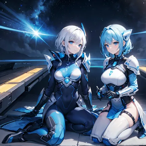 8k, top quality, (Genuine:1.4), original photo of , in the seat, Asari Hair, smile,female style, cute,Biological Amplifiers, Refined Armor, posture: Peace Talks between Combating Factions , Smart Blue Eyes ,Kneel