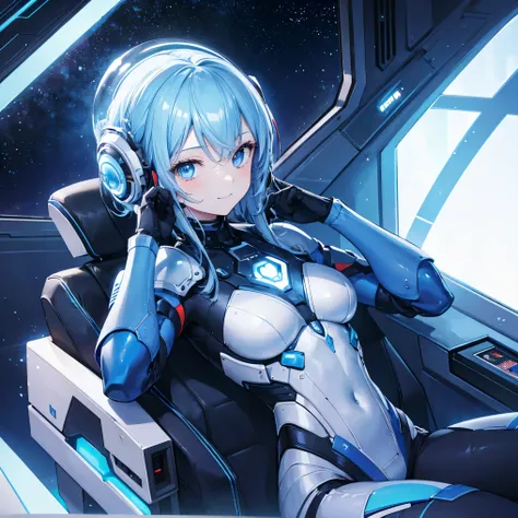 8k, top quality, (Genuine:1.4), original photo of , in the seat, Asari Hair, smile,female style, cute,Biological Amplifiers, Refined Armor, sophisticated bubble helmet, posture: Peace Talks between Combating Factions , Smart Blue Eyes ,Kneel