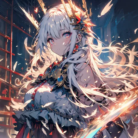  long white hair that covers shoulders、 light red eyes 、 a character wearing armor like a knight 、Feathers fluttering all around、 with a cool golden hair ornament、woman、 holding long swords 、 facing the front