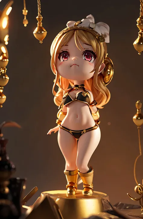 chibi, Girls, millky skin, wollf ear, pink eyes, bikini, Bridge on Rope Carrying Gold Scales, seksi pose, gold coin, gold lamp, Sad Expressions HD lighting and dark )<=(epic image quality)dark atmosphere with bright particle light(many effects in backgroun...