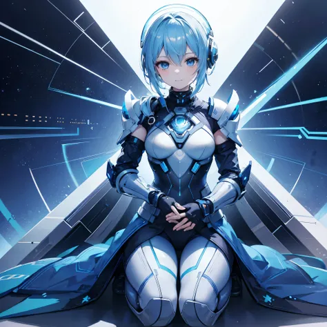 8k, top quality, (Genuine:1.4), original photo of , in the seat, Asari Hair, smile,female style, cute,Biological Amplifiers, Refined Armor, sophisticated bubble helmet, posture: Peace Talks between Combating Factions , Smart Blue Eyes ,Kneel