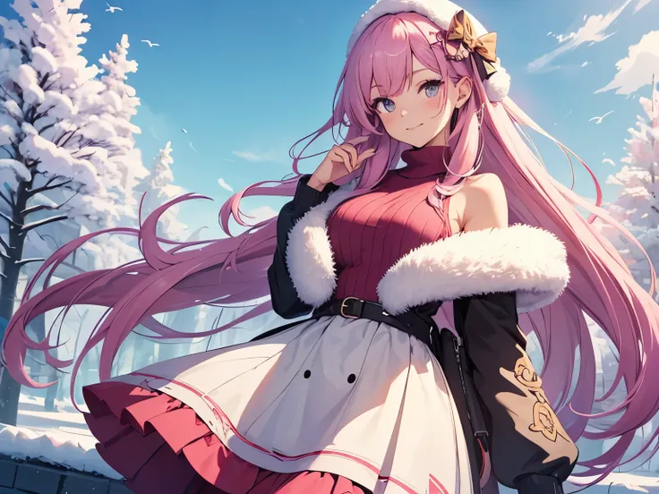 Anime girl character with pink flowing hair, and wearing a winter dress, with a background