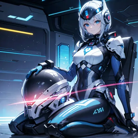 8k,  top quality, (Genuine:1.4),  original photo of ,  in the seat, Asari Hair, smile,female style, cute,Biological Amplifiers, Refined Armor, Refined futuristic wartime helmet, posture:  Peace Talks between Combating Factions ,  Smart Blue Eyes ,Kneel