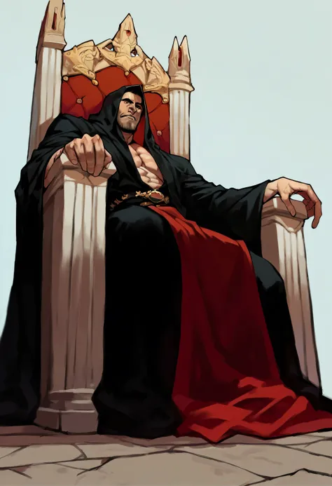 One throne ，A man in a black robe sits on the throne ， below is a surrendering dog kneeling on the ground