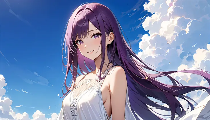 (((masterpiece, 最 high quality,  Supreme Masterpiece, super detailed:1.5))), (very detailed blue sky background :1.5), (((woman,  purple straight long hair  :1.5))),(((16K resolution:1.5)))、Like the last scene in the movie ,  ((( wear a dress like a white ...
