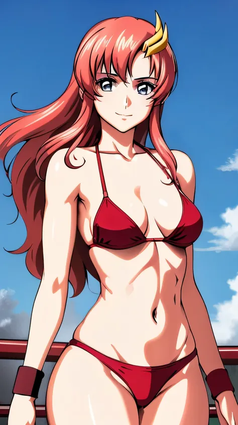 lacus4, (red bikini:1.5), (looking at the viewer:1.1), (thong:1.4), (tall girl:1.5), biceps:1.4), (face details:1.1), masterpiece, (cowboy shot:1.5), very slim shoulders, 4K, (Best Quality:1.2), Anime style: 1.9, happy, Adult Woman, (cloud background), Dra...