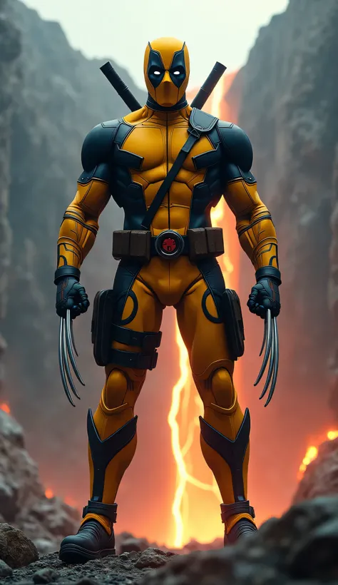 Deadpool Hybrid Wolverine fusion, ultra realistic, 16k, Standing tall, mountainous lava waterfall background, Lightening, blurred background, Deadpool outfit yellow color, sharp Wolverine claws, Deadpool face mask, muscular body,  