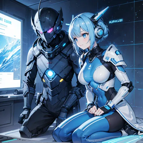 8k,  top quality, (Genuine:1.4),  original pictures ,  girl, Asari Hair, smile,female style, cute,Biological Amplifiers, Refined Armor, Refined futuristic wartime helmet, posture:  Peace Talks between Combating Factions ,  Smart Blue Eyes ,Kneel