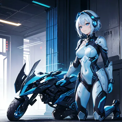 8k,  top quality, (Genuine:1.4),  original pictures ,  girl, Asari Hair, smile,female style, cute,Biological Amplifiers, Refined Armor, Refined futuristic wartime helmet, posture:  Peace Talks between Combating Factions ,  Smart Blue Eyes ,Kneel