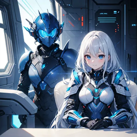 8k, top quality, (Genuine:1.4), original photo of , in the seat, Asari Hair, smile,female style, cute,Biological Amplifiers, Refined Armor, Refined futuristic wartime helmet, posture: Peace Talks between Combating Factions , Smart Blue Eyes ,Kneel