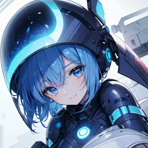 8k, top quality, (Genuine:1.4), original photo of , in the seat, Asari Hair, smile,female style, cute,Biological Amplifiers, Refined Armor, Refined futuristic wartime helmet, posture: Peace Talks between Combating Factions , Smart Blue Eyes ,Kneel