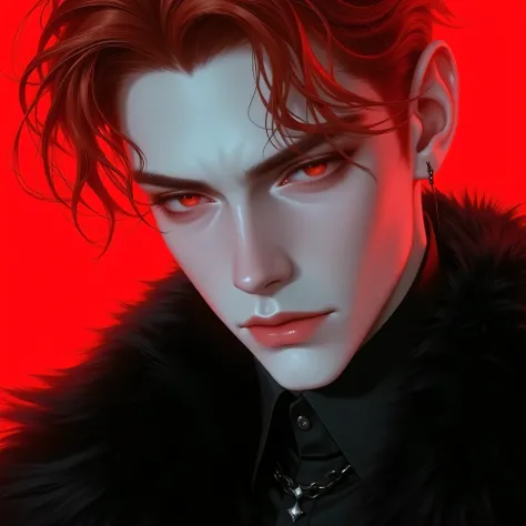 Close-up of Man with Wavy Red Hair,  pale skin,  red eyes, smooth face,  without a beard,  black clothes, animal fur coat,  red background. 