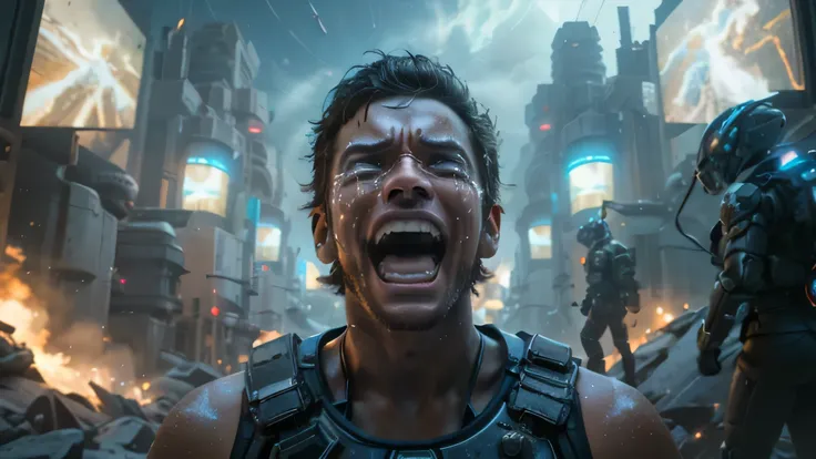 a close up of a man with a very big smile on his face, brutal joyful face expression, an epic scifi movie still, depicted as a scifi scene, epic scifi movie still, finnian macmanus, in a scifi movie, crying. scifi, ross tran 8 k, from a 2 0 1 9 sci fi 8 k ...