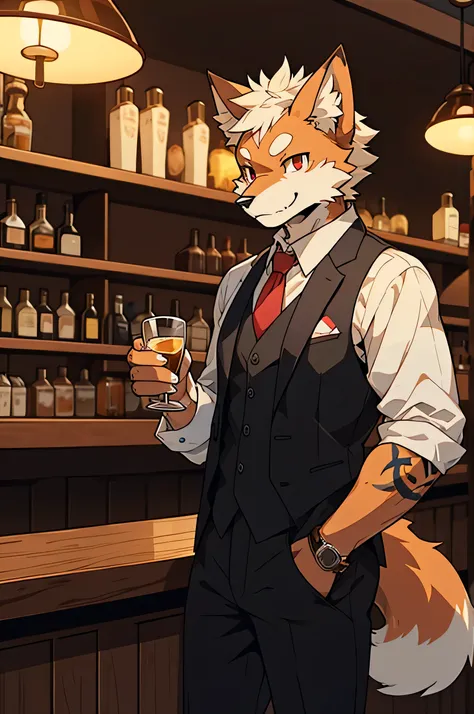 Anime style, 2k, ultra clear detailed, ultra clear detailed, ultra high resolution, 1440p. sfw, male only, furry, furry only. Fox, Tricolor fur, thin eyes, red eyes, tattoos on face. Wearing a vest suit, standing in a bar, leaning on table, right hand hold...