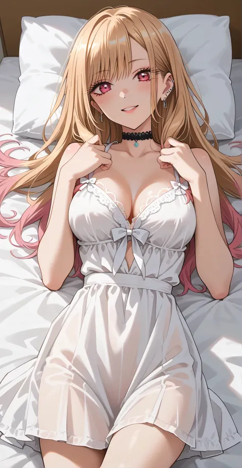 KJOmarin, blonde hair, long hair, pink eyes, earrings, ear piercing, multicolored hair, score_9, score_8_up, score_7_up, source_anime, masterpiece,best quality, medium breasts, flash gyaru,((white Nightdress, Choker, transparent)), cool face, looking at vi...