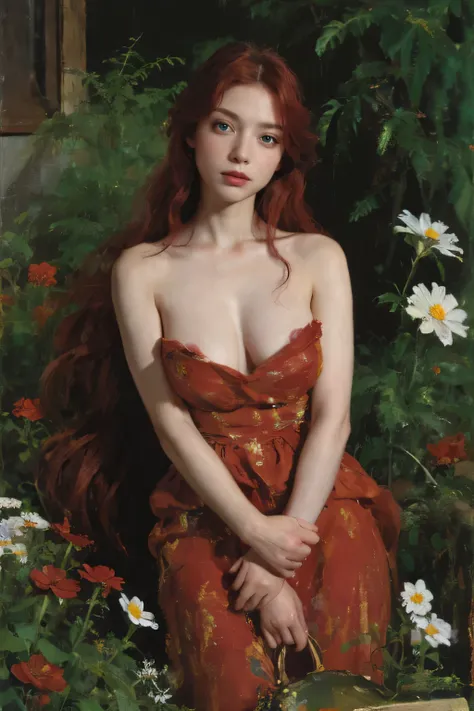 (oil painting:1.5),
\\
a woman with (red long curtly hair ), ((green eyes)) ain a field of  flowers, (amy sol:0.248), nude , with red dress,  (stanley artgerm lau:0.106), (a detailed painting:0.353), (gothic art:0.106)