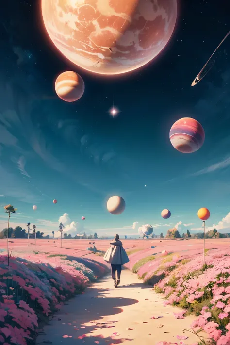  a pastel-colored blue sky carrying a bunch of subtle planets, On the ground a lot of pink vegetation 