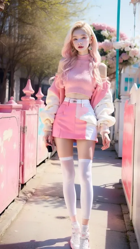 Woman, y2k outfit, 90s, main color white, pink color scheme, blonde long hair, lively themed park atmosphere, pale skin, pale skin, 8k, 64k, midshot, detailed, vibrant