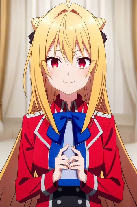 (( Luchshee Kachestvo)),(( very detailed)), Masterpiece ,absurdities, detailed face, pretty face,( detailed eyes,  deep eyes ), 1girl,(( dynamic pose)) ,  terakomari ,  blond hair,  long hair,  Red eyes ,  one eye closed , One,  smile,  Looking at the view...
