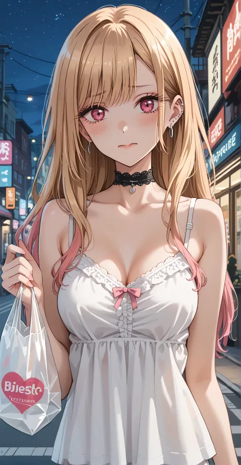 KJOmarin, blonde hair, long hair, pink eyes, earrings, ear piercing, multicolored hair, score_9, score_8_up, score_7_up, source_anime, masterpiece,best quality, medium breasts, shy, embarrassed,((white Camisole, Choker, transparent)), (masterpiece best qua...