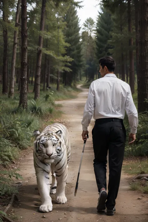 a man walking side by side with a white tiger in the forest