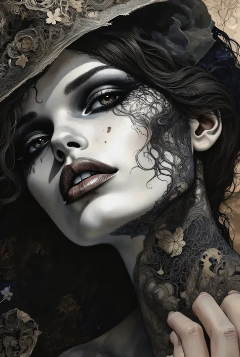hyperrealistic porcelain texture, dramatic black eyeshadow, dark surreal aesthetic, gothic dreamlike atmosphere, smooth skin, artistic haunting style.
The textures are finely detailed, from the smoothness of her skin to the softness of her hair, The artwor...