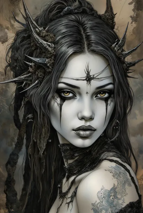 hyperrealistic porcelain texture, dramatic black eyeshadow, dark surreal aesthetic, gothic dreamlike atmosphere, smooth skin, artistic haunting style. A crown of metal thorns on the head.
The textures are finely detailed, from the smoothness of her skin to...